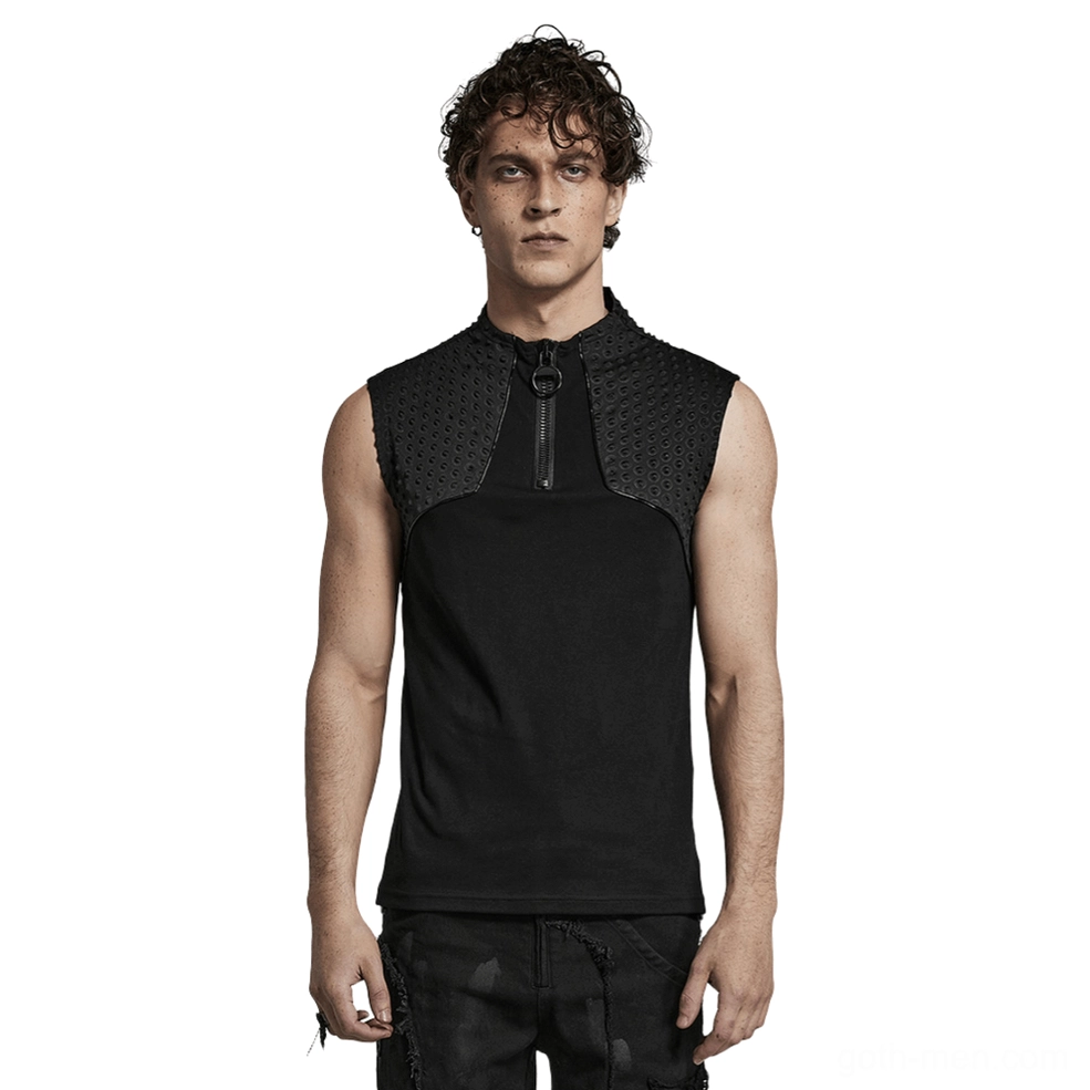 Industrial gothic sleeveless tank top front view with 3D embossed shoulder panels and asymmetric zipper closure on male model