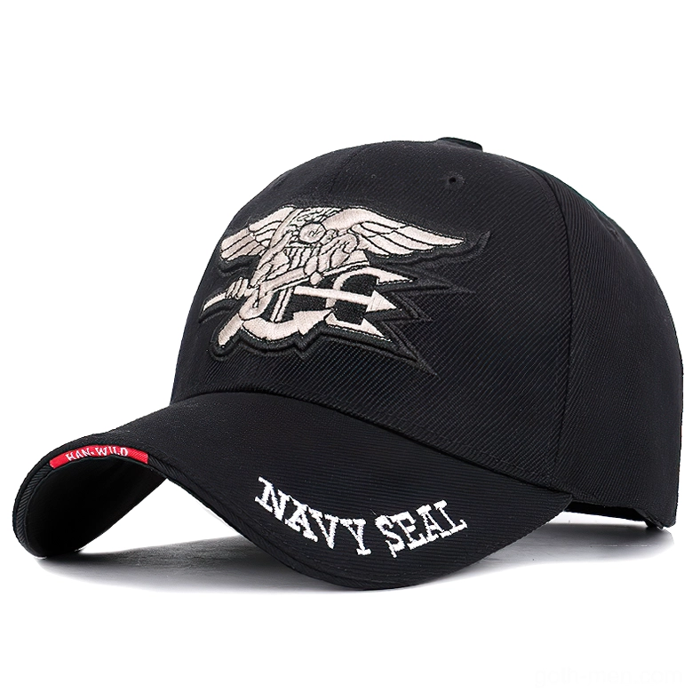 Black embroidered gothic baseball cap front view with bold badge design