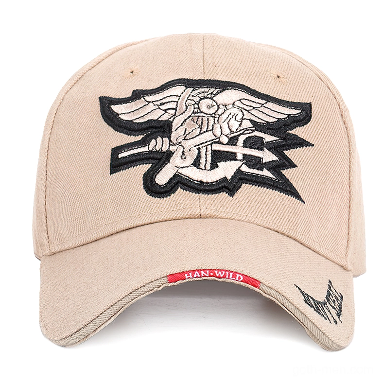 Khaki gothic baseball cap direct front view showing embroidered badge