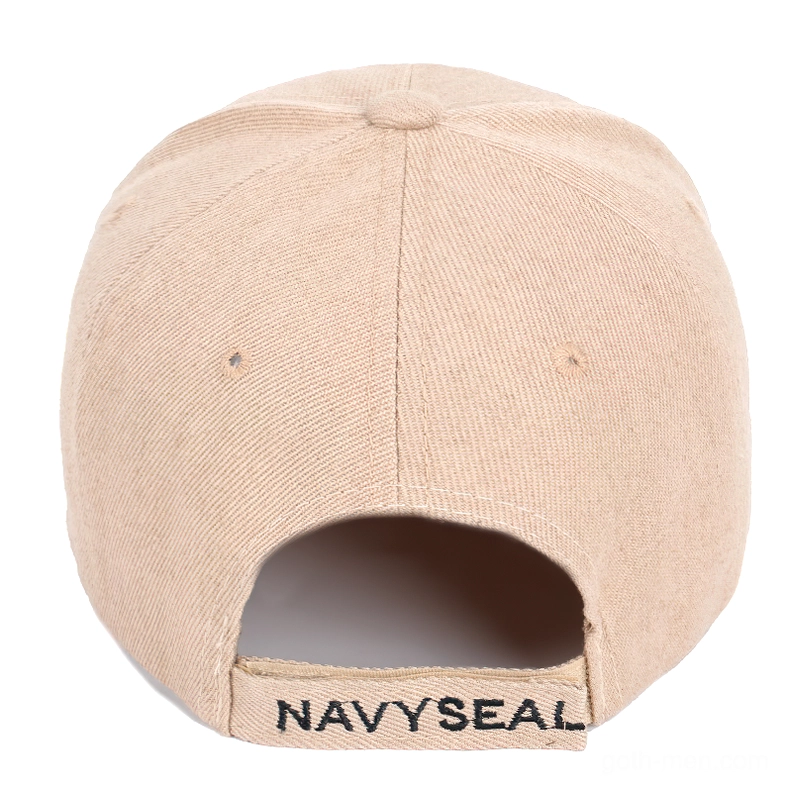 Khaki gothic baseball cap rear view showing adjustable embroidered strap