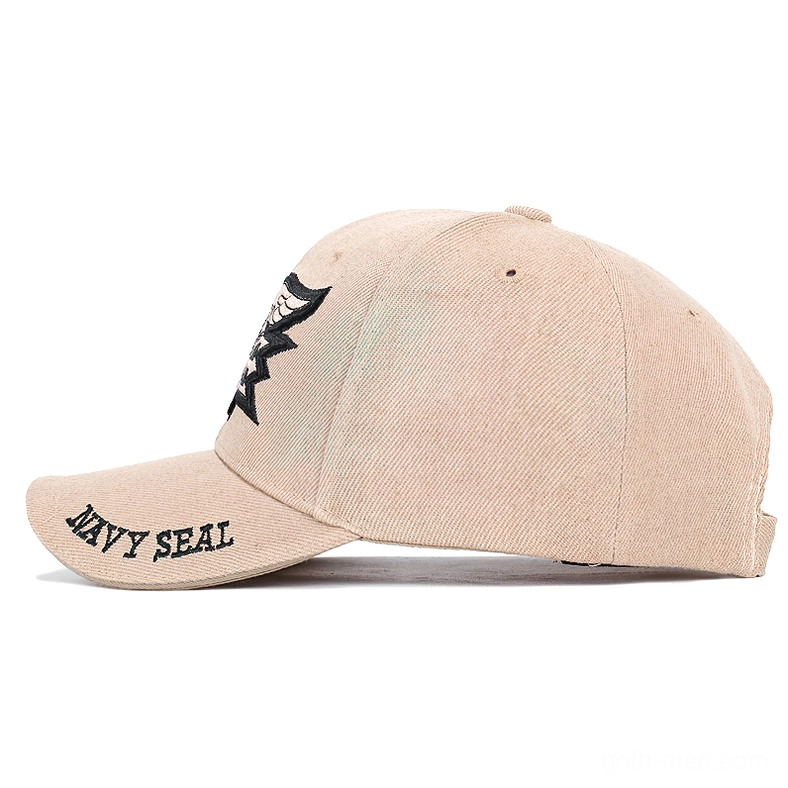 Khaki gothic embroidered cap side rear view with visible embroidery detail