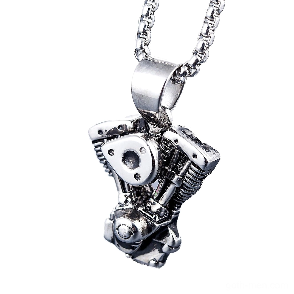 Motorcycle engine pendant side oblique angle, vintage stainless steel industrial jewelry, mechanical detail close-up