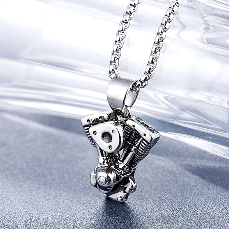 Gothic engine pendant front oblique angle with curb link chain, silver stainless steel industrial necklace