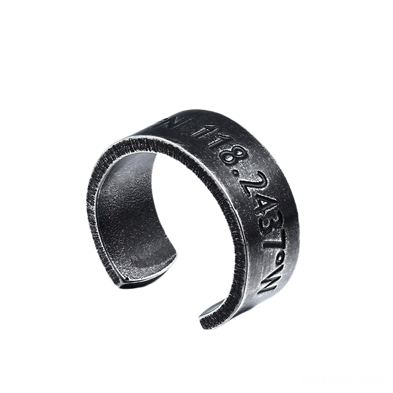 Black vintage finish coordinate engraving ring, front angled perspective showing precision-etched text detail