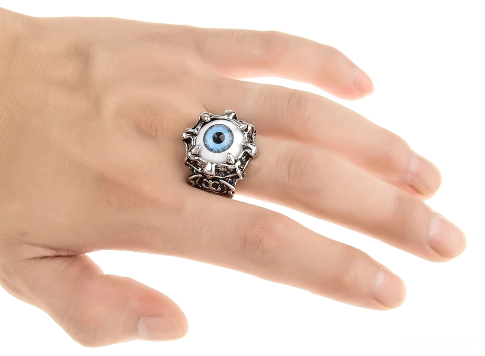 Evil eye gothic ring, blue resin eye, jagged spike frame, alternative fashion jewelry