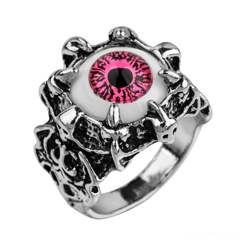 Vintage gothic evil eye spiked ring, blue resin eye, side-front angle showcase