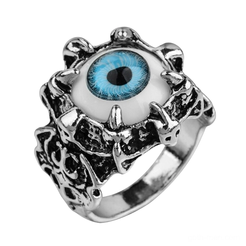Evil eye spiked gothic ring, pink resin eye, dark aesthetic statement jewelry, frontal view