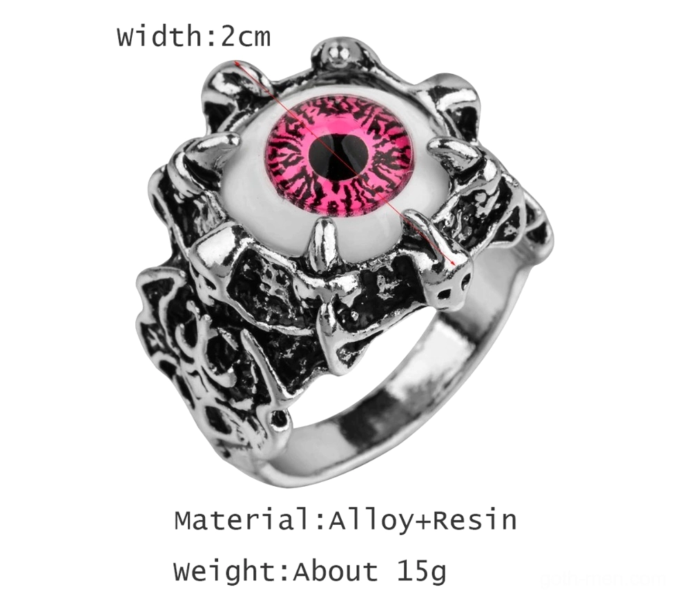 Gothic evil eye spiked ring with pink resin eye, carved vintage silver alloy frame