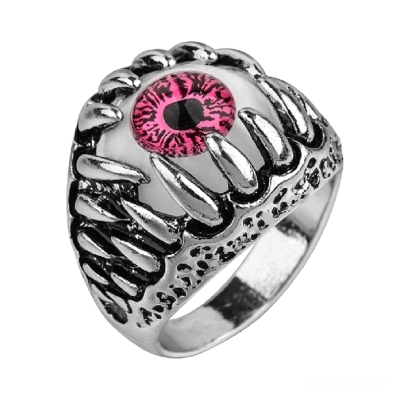 Gothic dragon claw evil eye ring with red resin eye, silver alloy metalwork, statement ring