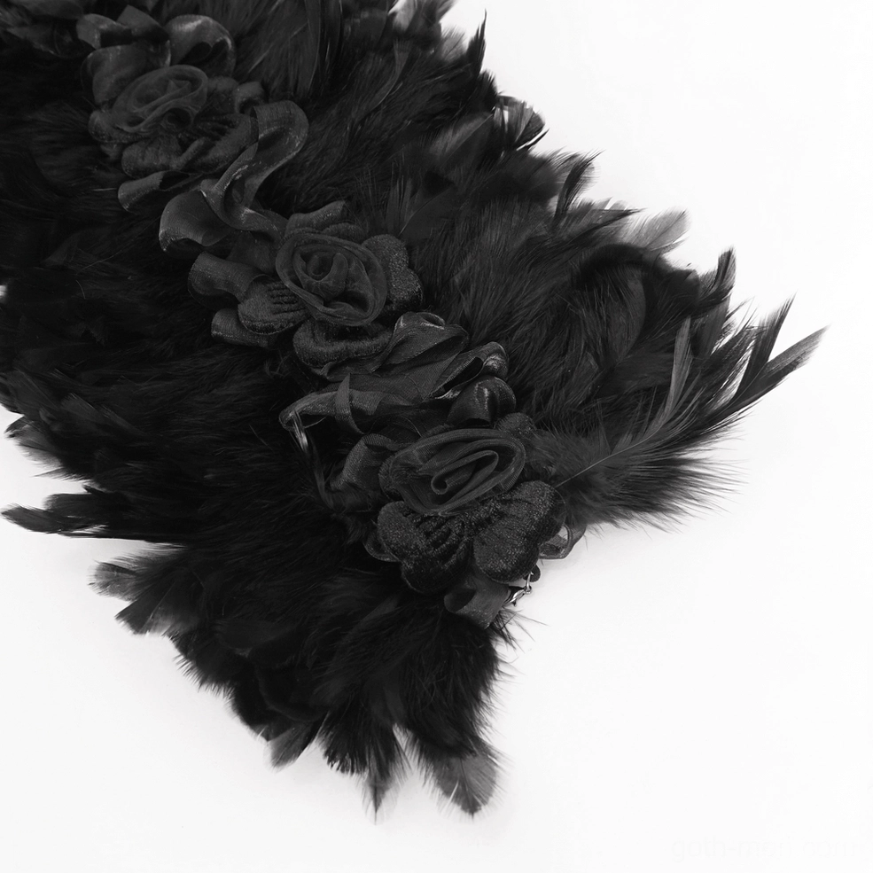 3D fabric flower decorations on gothic feather collar, dark black tone close-up