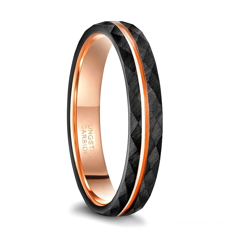 Tungsten steel rhombus patterned gothic ring showing rear faceted surface and rose gold trim