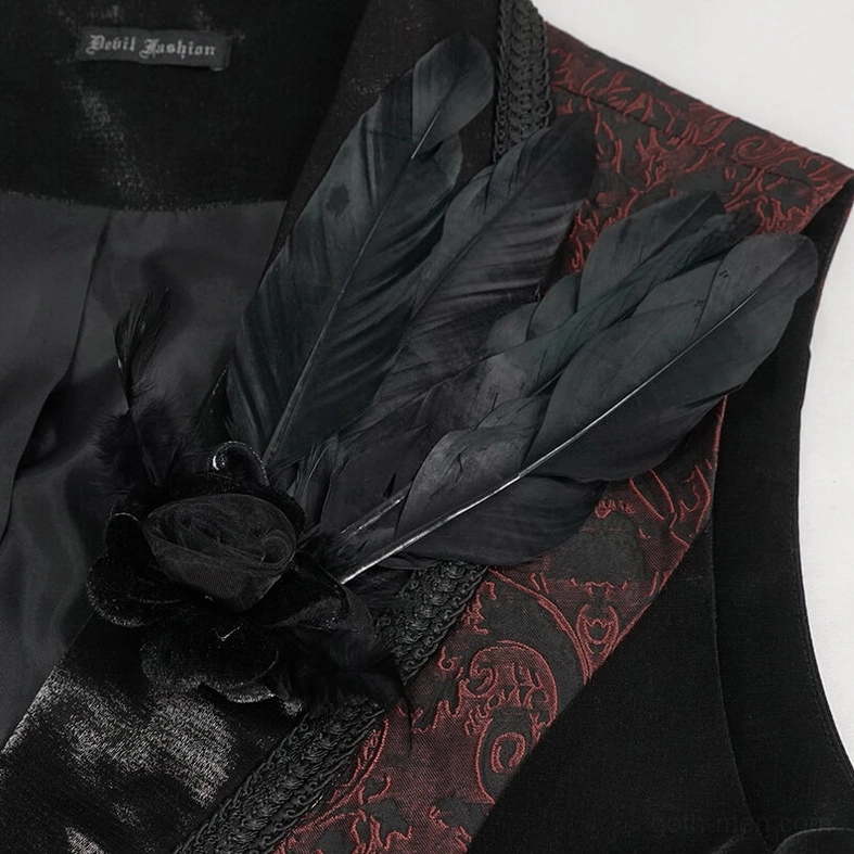 Black feather flower brooch close-up detail for gothic waistcoat