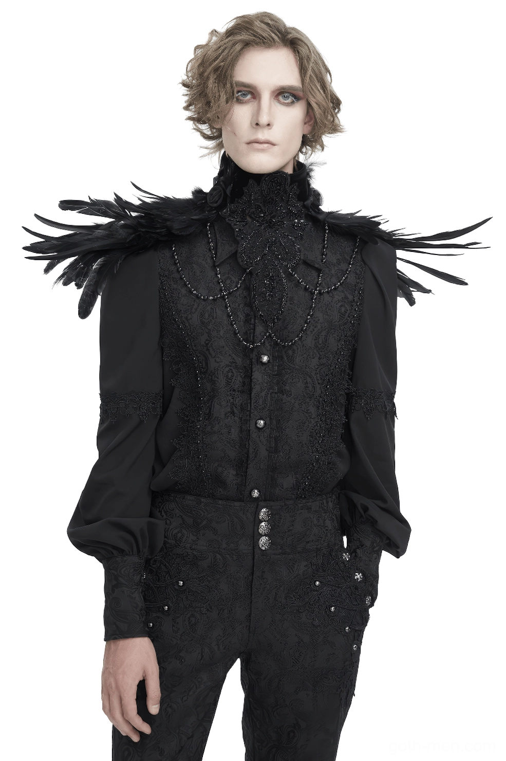 Black gothic feather collar with beaded lace and shoulder pads worn by male model, front view with white background