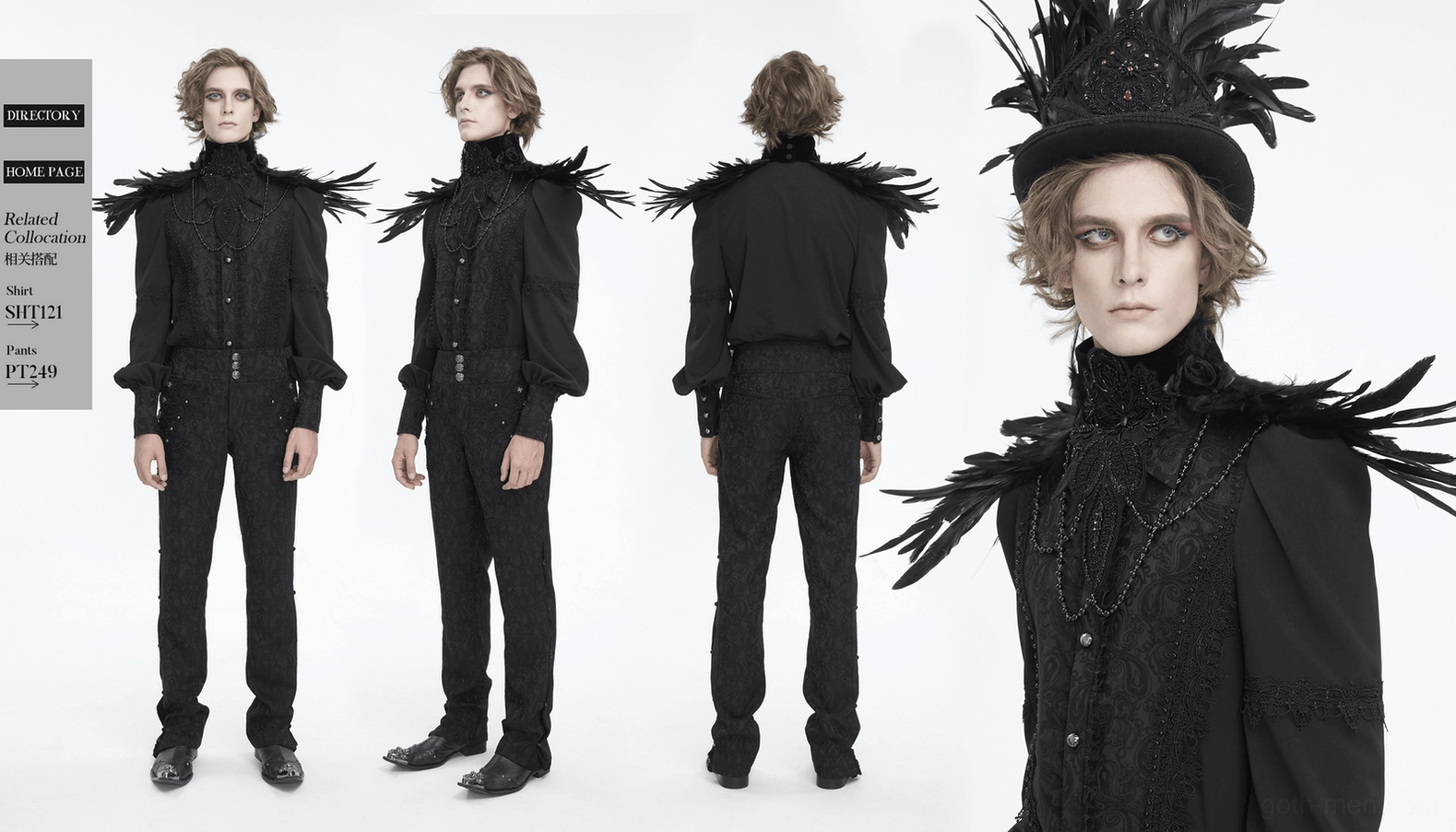 Full view of black gothic feather collar with all beaded chains and shoulder pad details visible