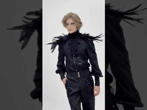 Multi-angle composite view of gothic feather collar showing details and styling on male model