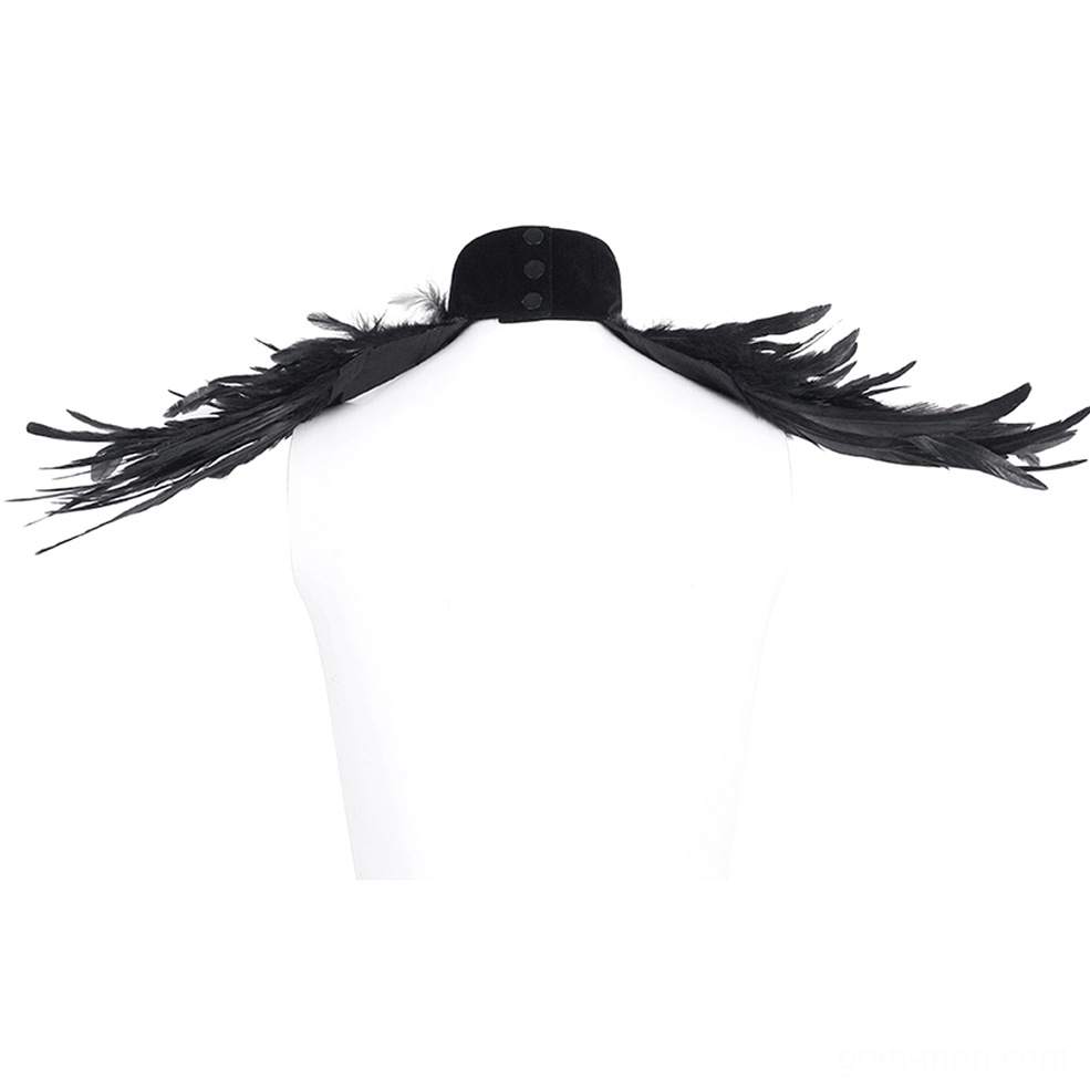 Black gothic feather shoulder collar rear view showing button closure and feather trim details