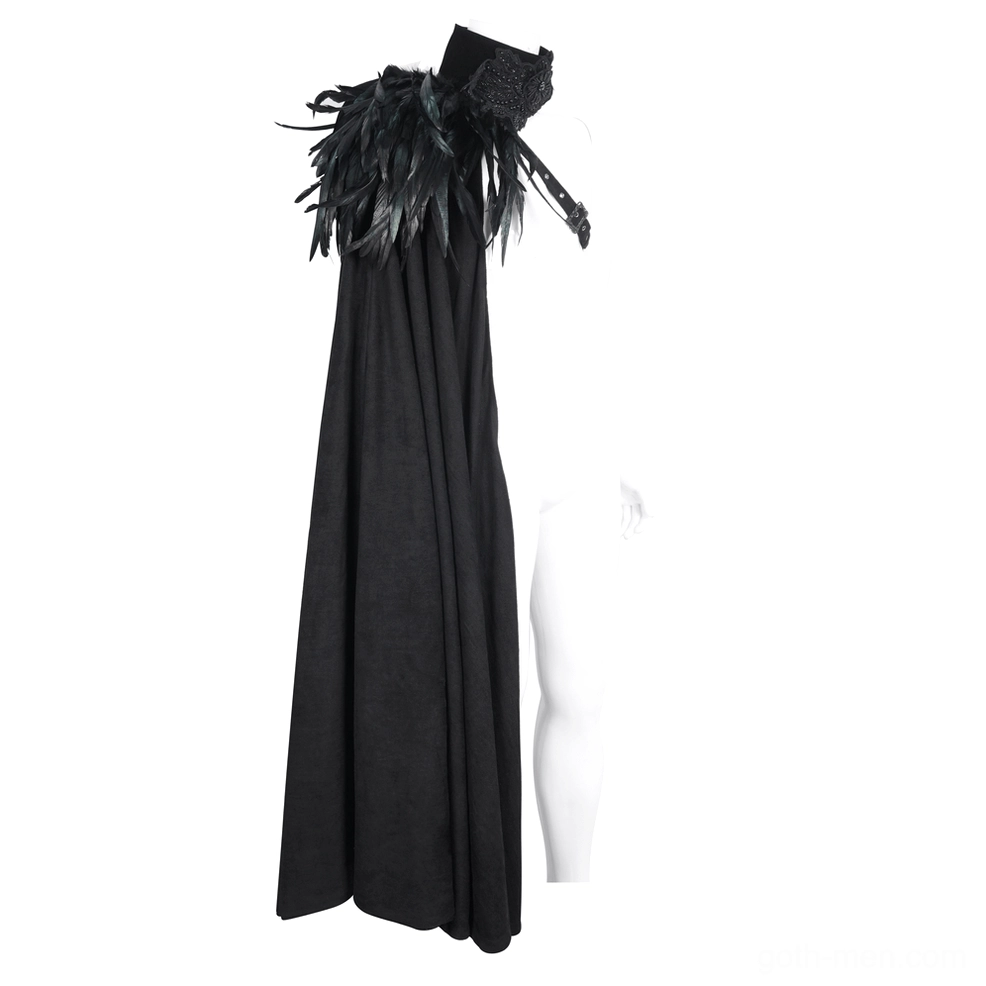 Rear view of mannequin wearing asymmetric black feathered gothic cape showing single shoulder strap and matte fabric drape