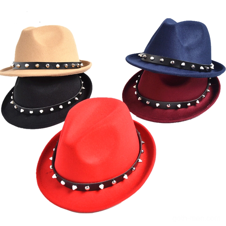 Multiple color gothic fedora hats collection, black burgundy navy beige red studded variety