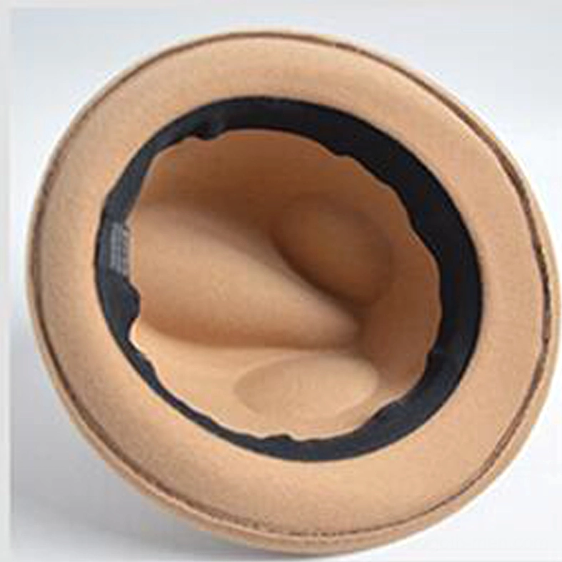 Beige gothic fedora interior view showing lined brim and felt hat construction details