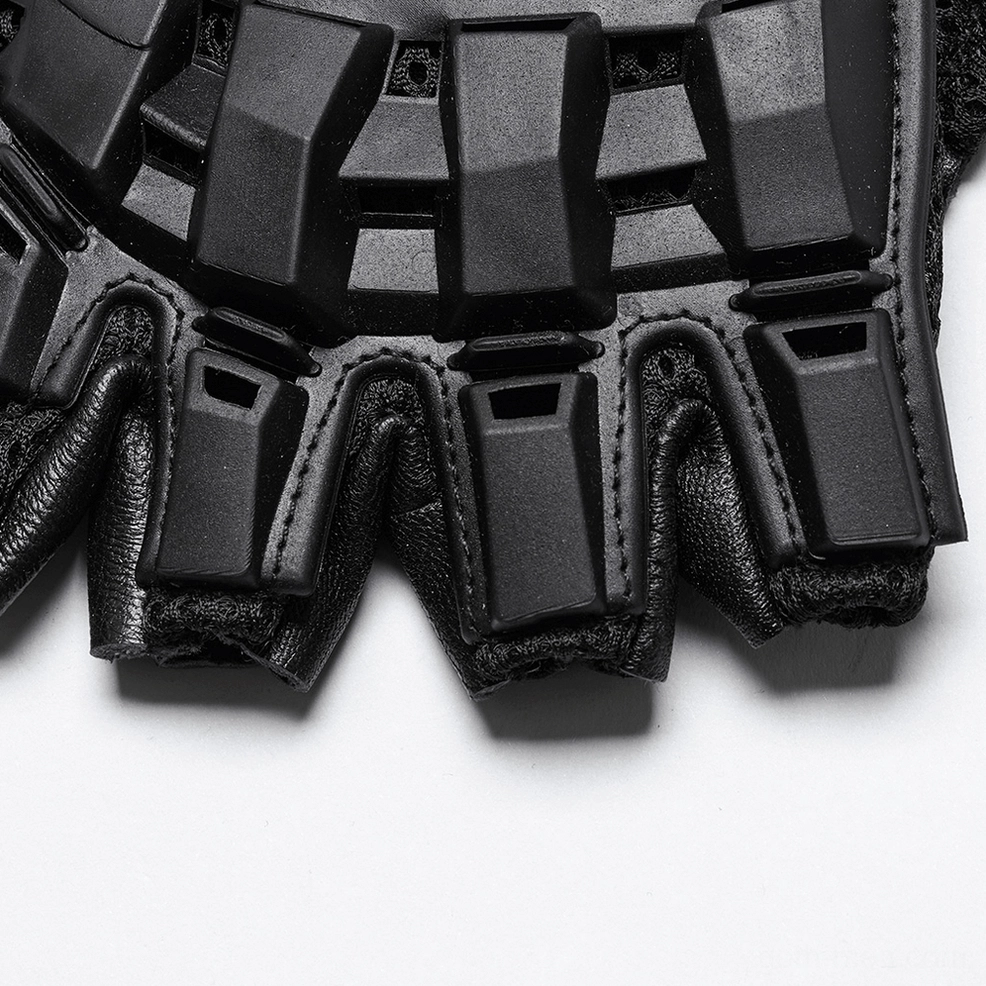 Bottom view detail of gothic glove fingers, showing interlocking hard protective armor plates and stitched leather trim