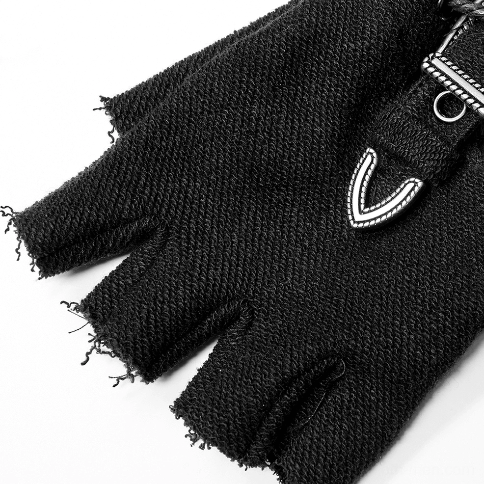 Single gothic fingerless glove side view displaying frayed fabric and metal buckle decoration