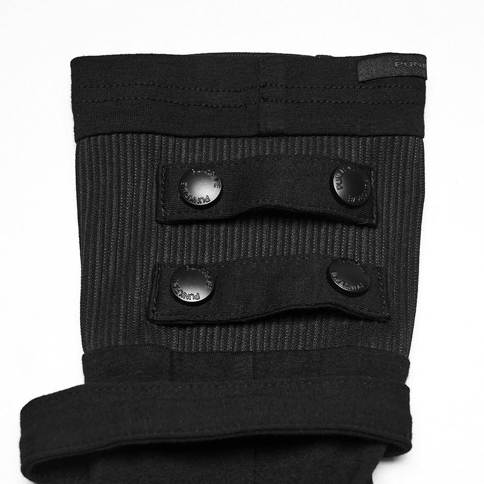 Gothic fingerless gloves strap detail with dual button rivets and branded fabric tab