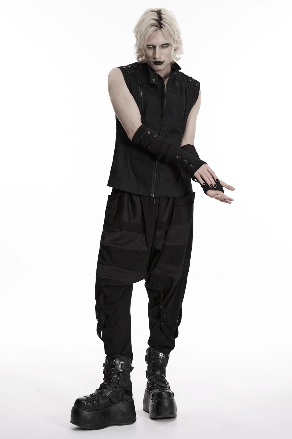 Gothic fingerless gloves product front view highlighting button strap details and dark aesthetic