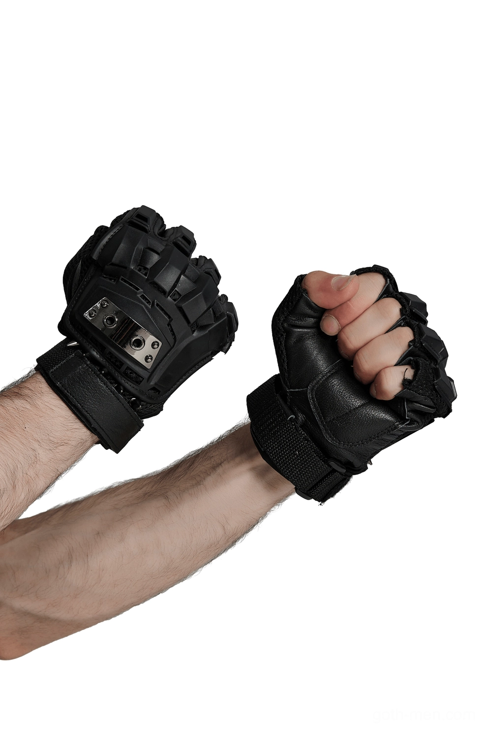 Close-up of clenched fists wearing gothic spiked armor gloves, showing hard shell protection and black leather panels