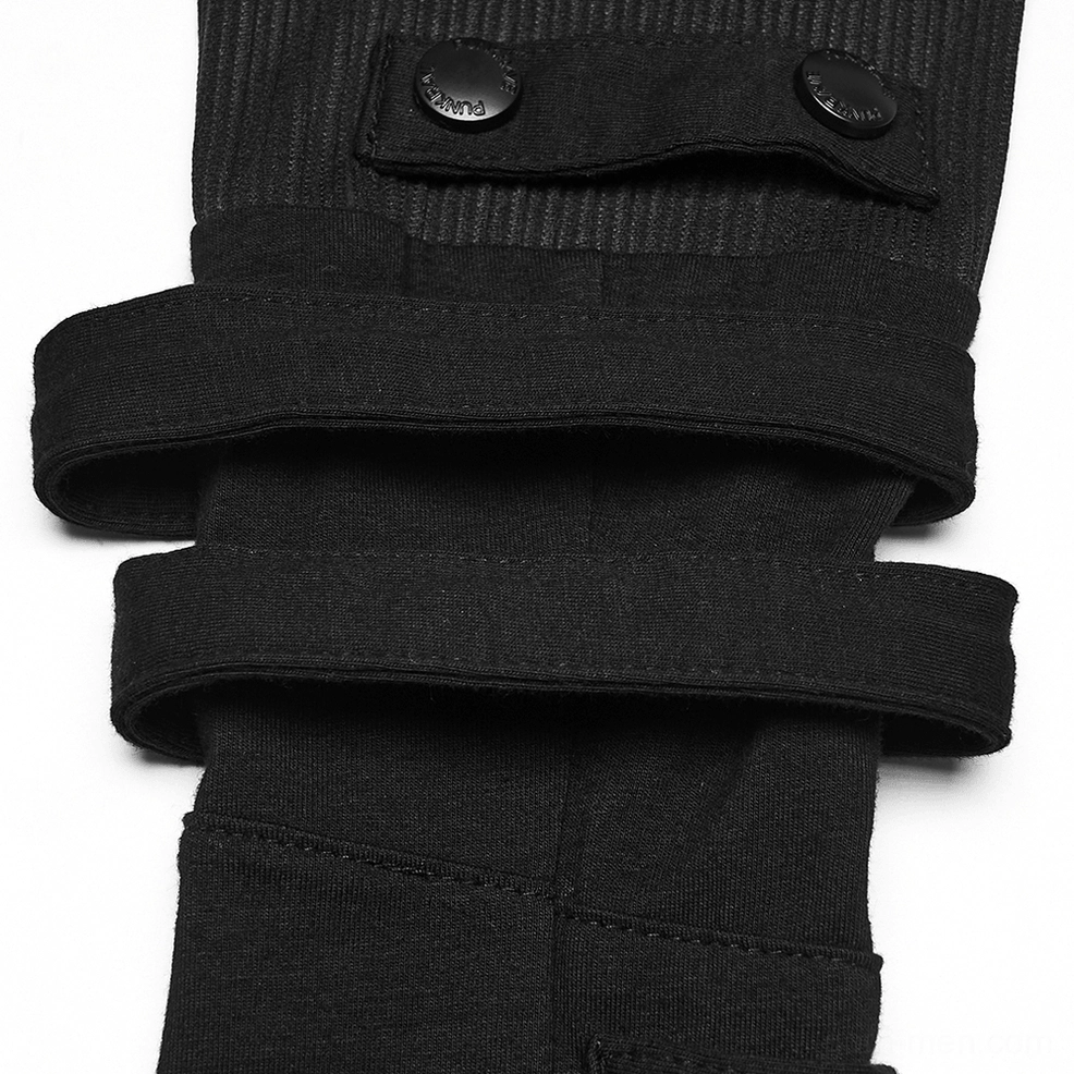 Dual black button straps on gothic fingerless gloves showing layered fabric construction