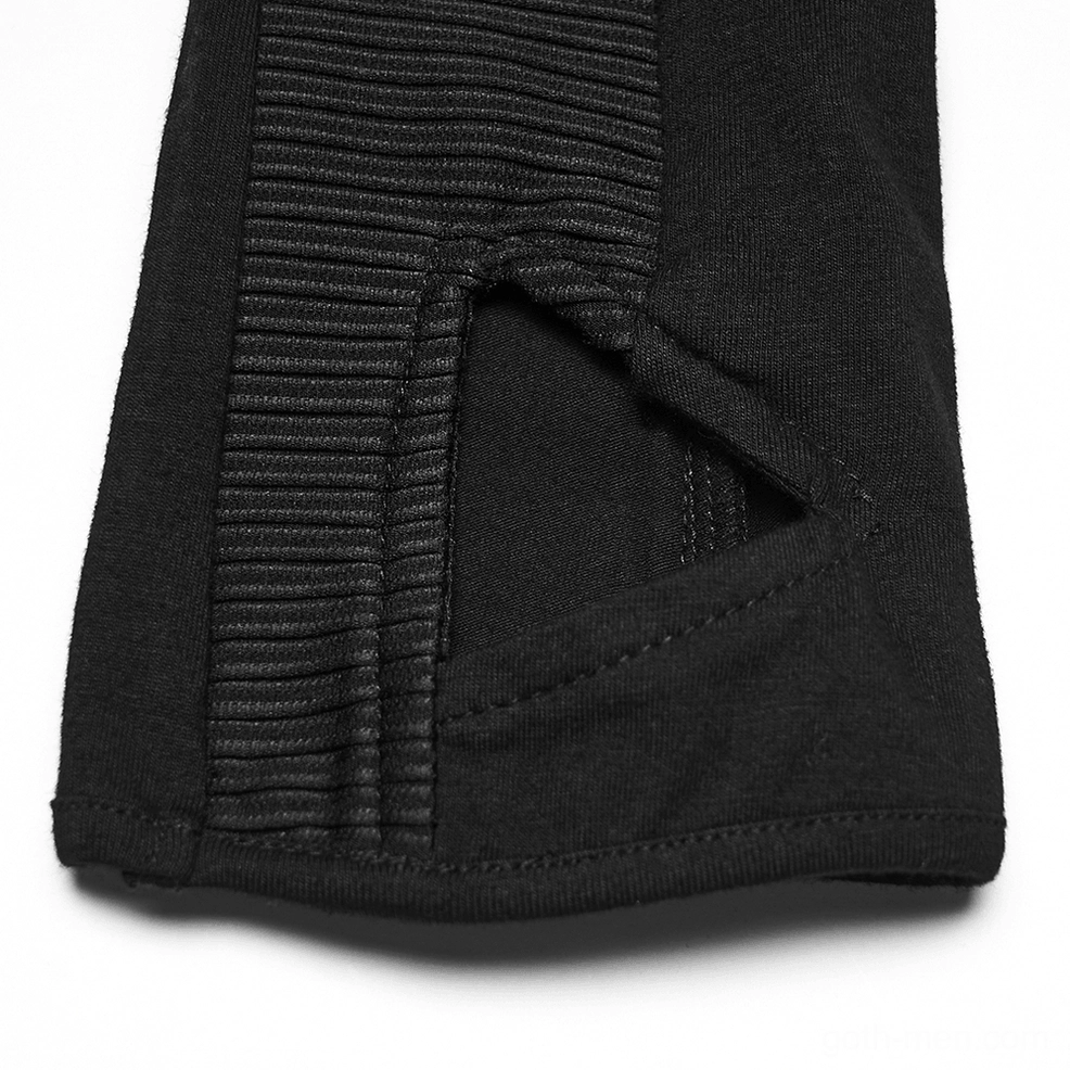 Black gothic fingerless gloves showing fingerless opening cutout and mixed fabric texture