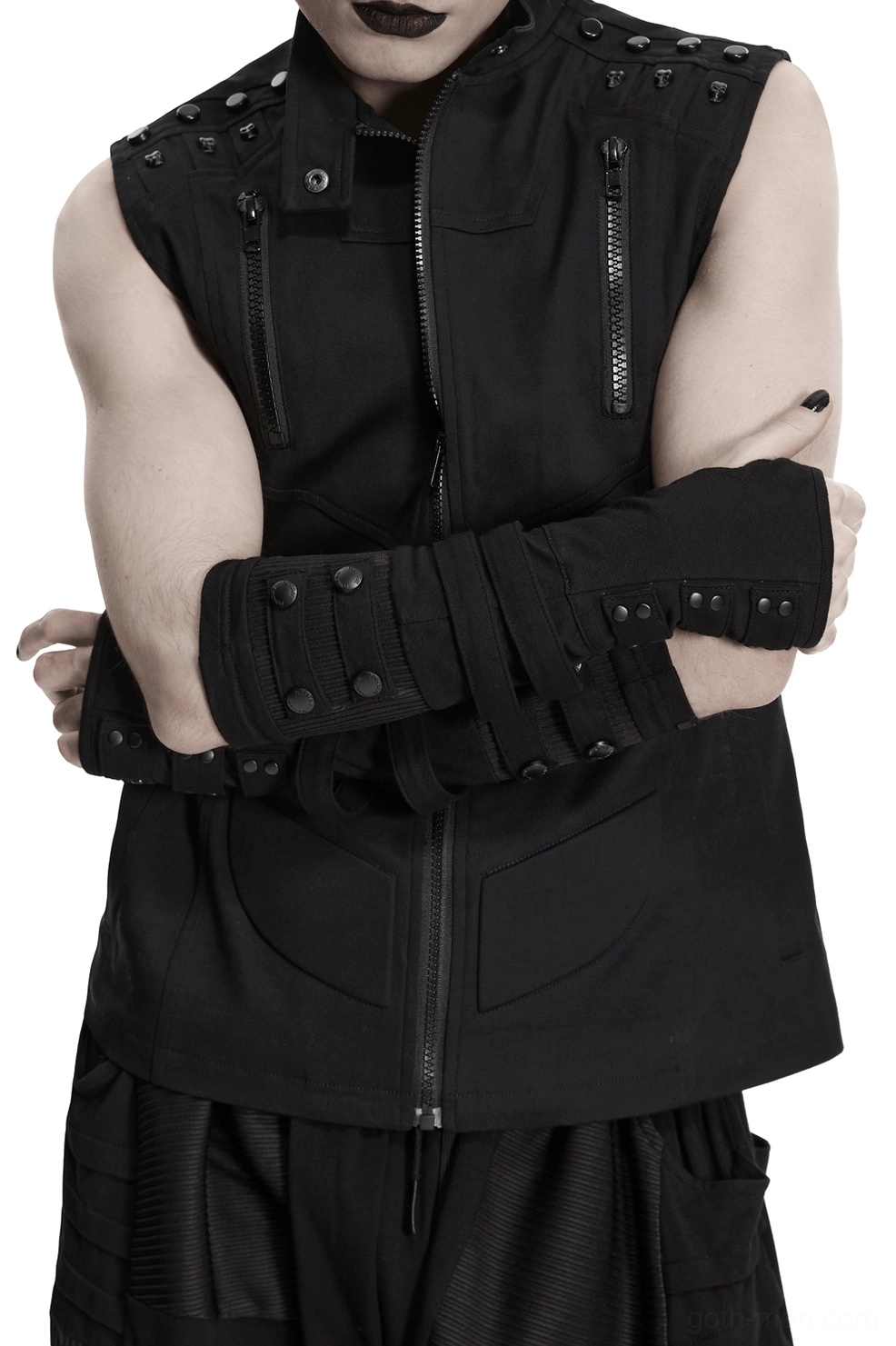 Male model wearing black gothic fingerless gloves with layered button straps, crossed arms front view