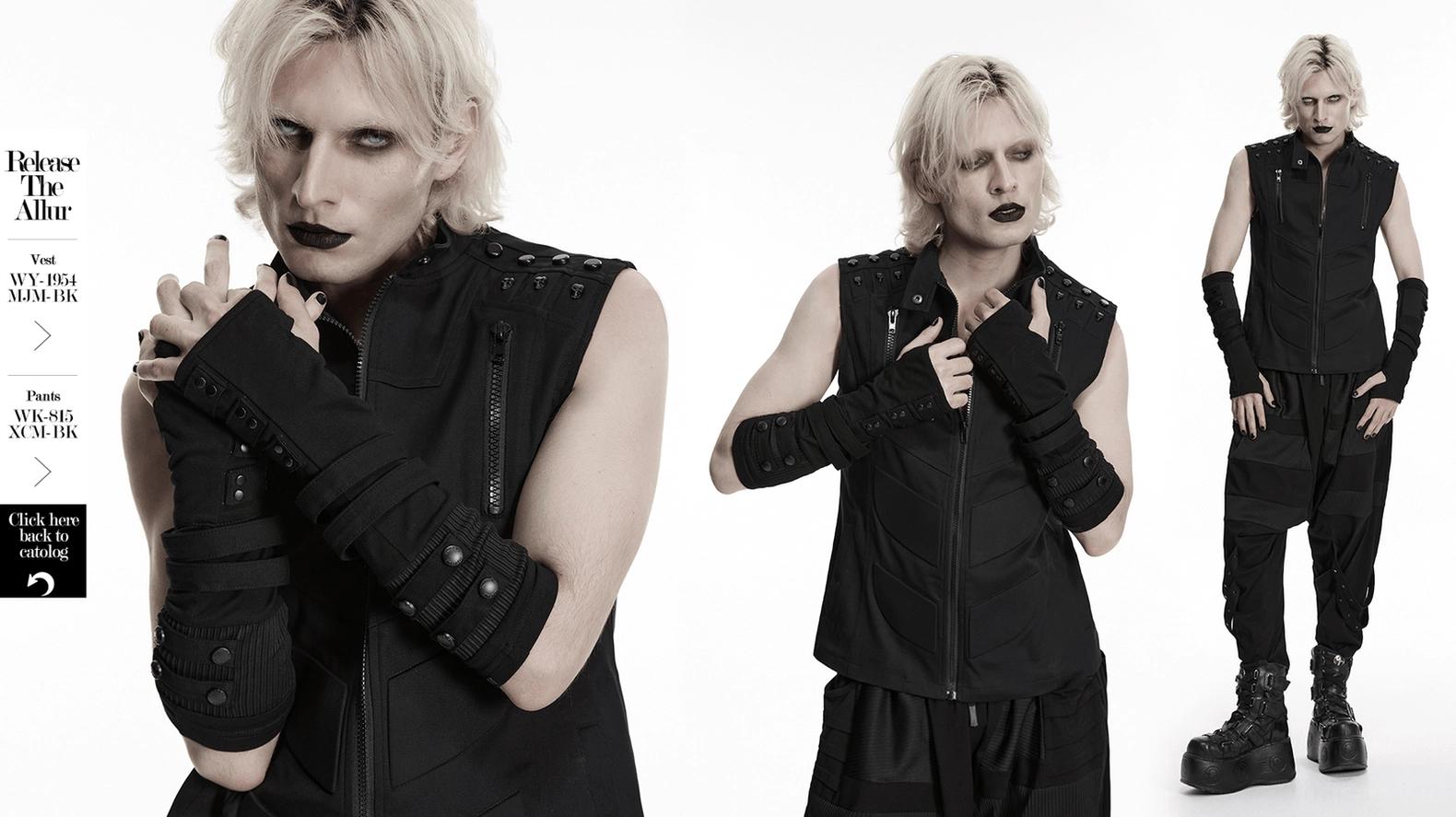Black gothic fingerless gloves on mannequin hands showing fit and industrial design elements