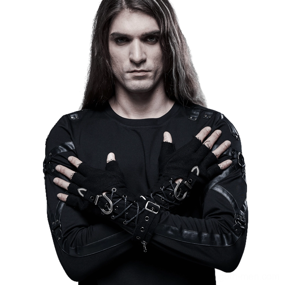 Gothic fingerless gloves with metal hardware and side zippers worn by male model, front studio view