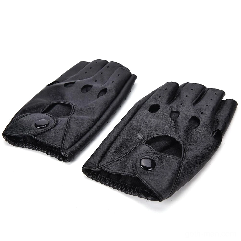 Pair of gothic fingerless leather gloves flat lay top view snap button