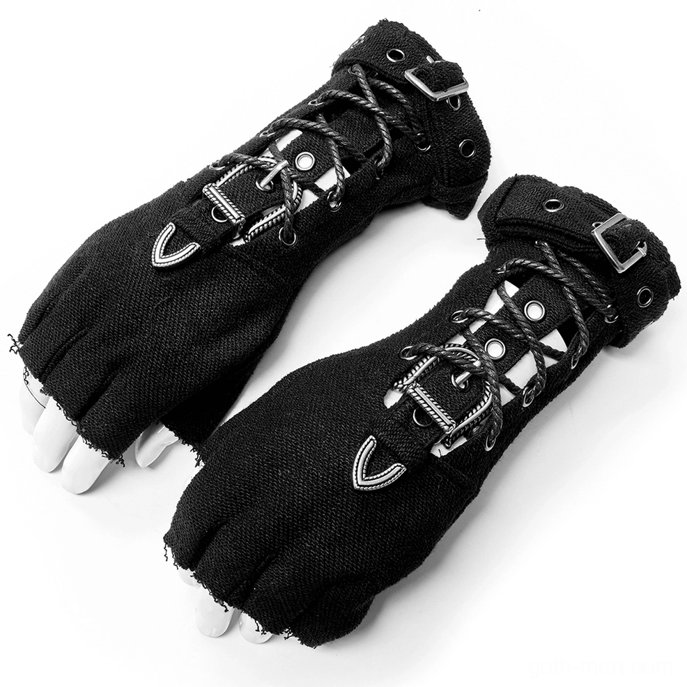 Pair of black gothic fingerless gloves flat lay showing lace-up design, buckles, and frayed cuffs