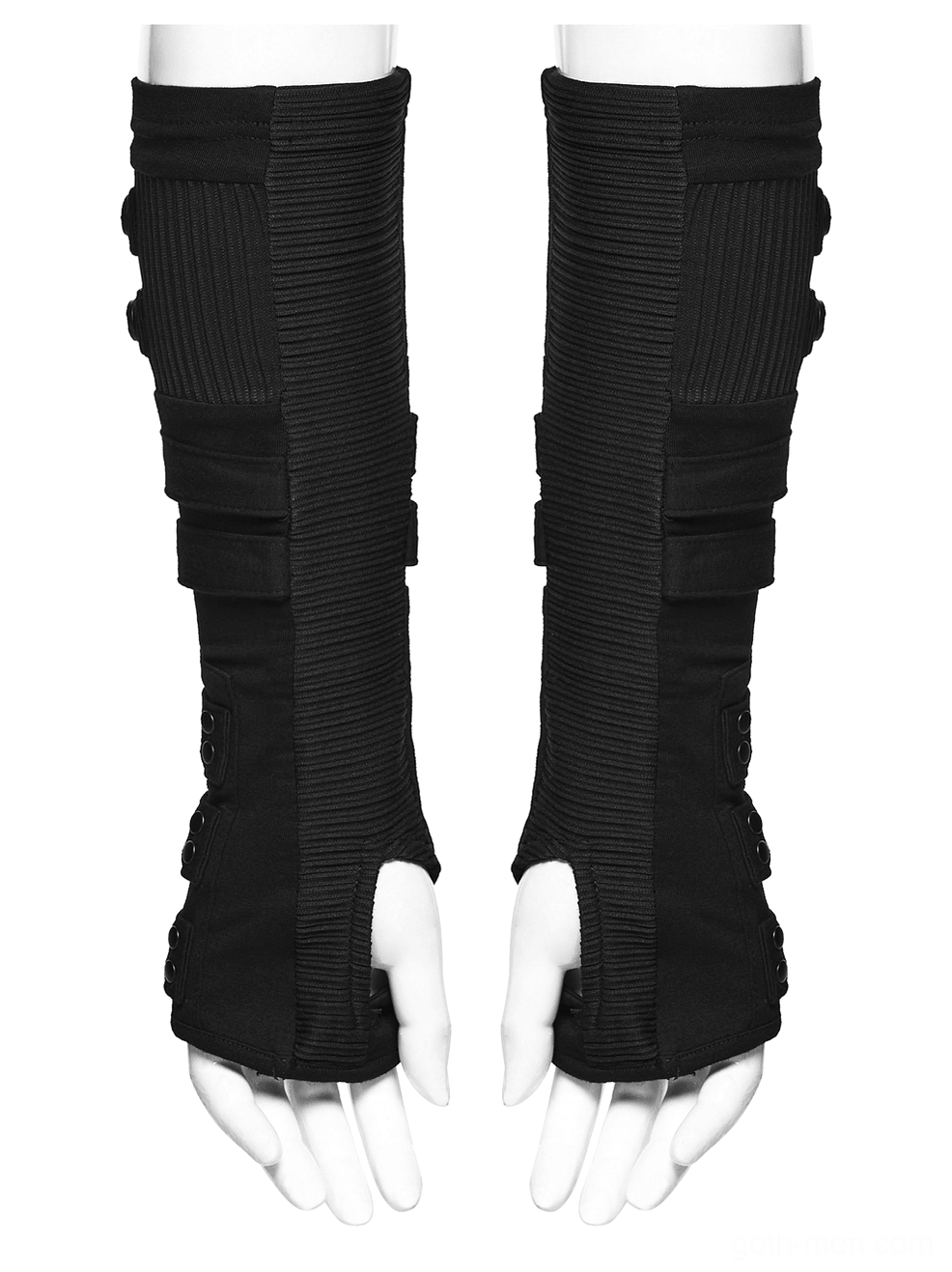 Black gothic fingerless gloves close-up displaying ribbed outer panels and fastener straps