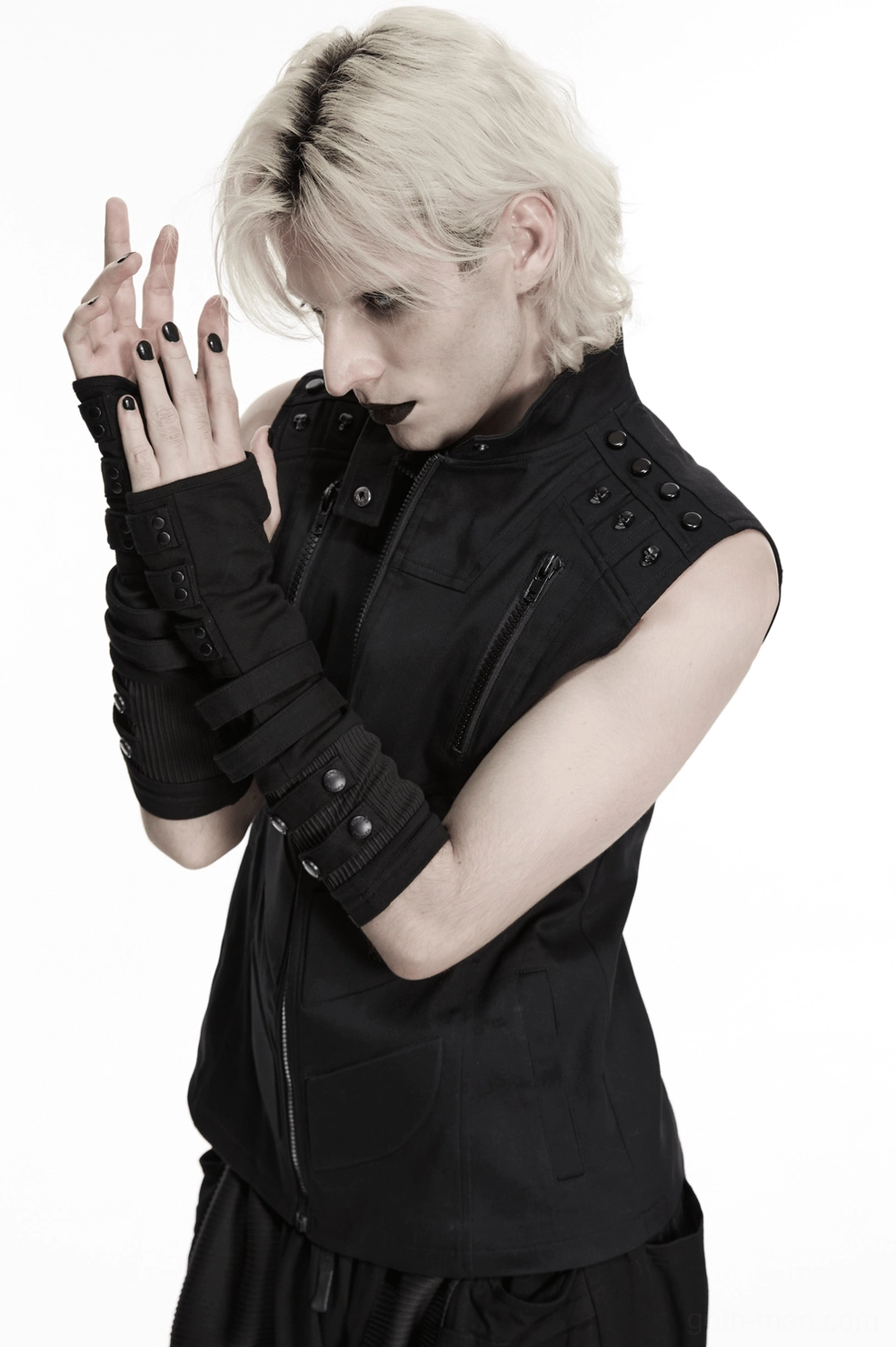 Black gothic fingerless gloves alternative styling view with rivet snap strap system
