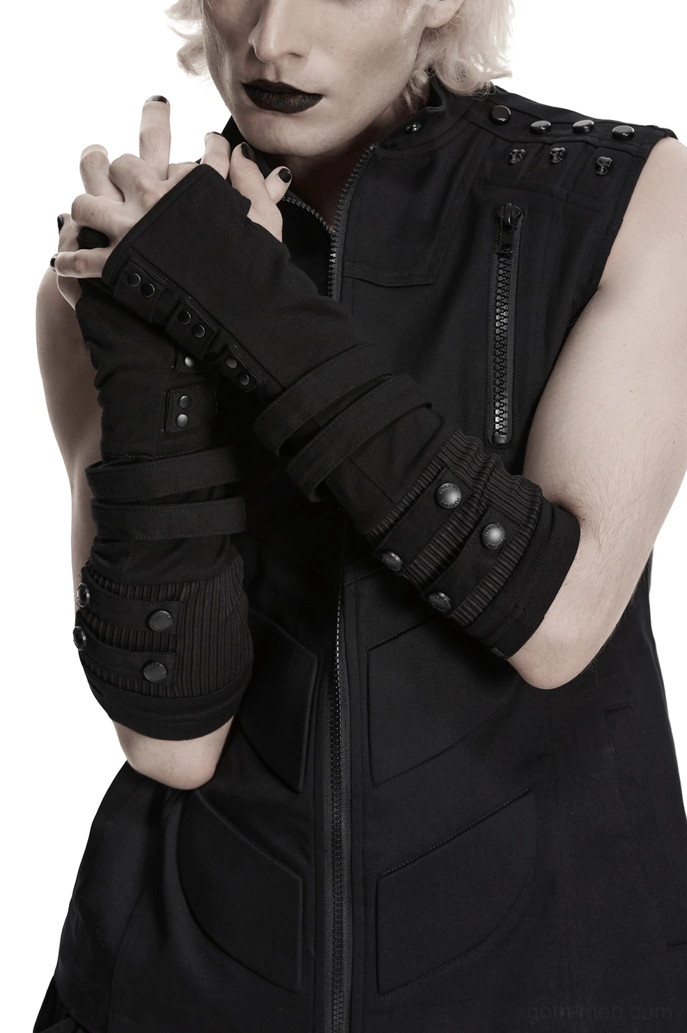 Black gothic fingerless gloves with rivet snap straps worn with studded vest, front three-quarter view