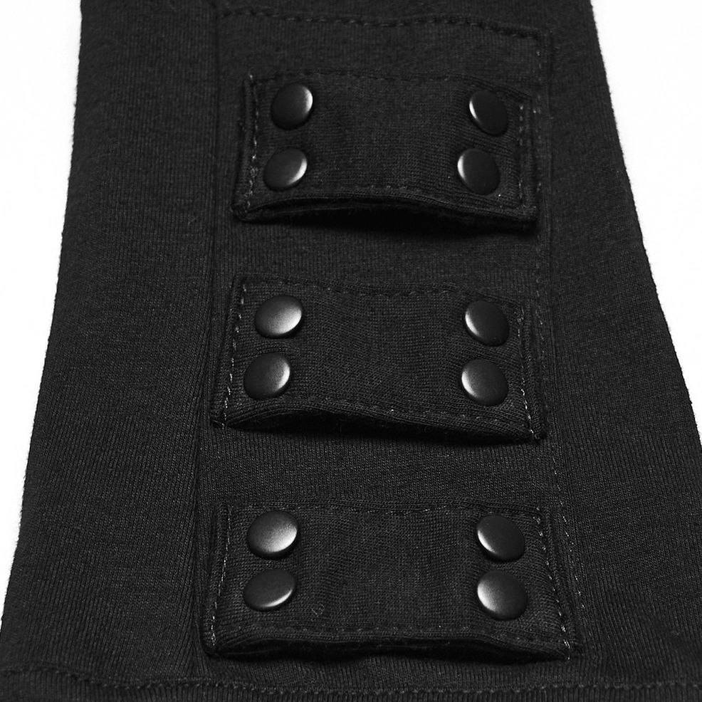 Triple row of black rivet buttons on gothic fingerless gloves with stitched panels