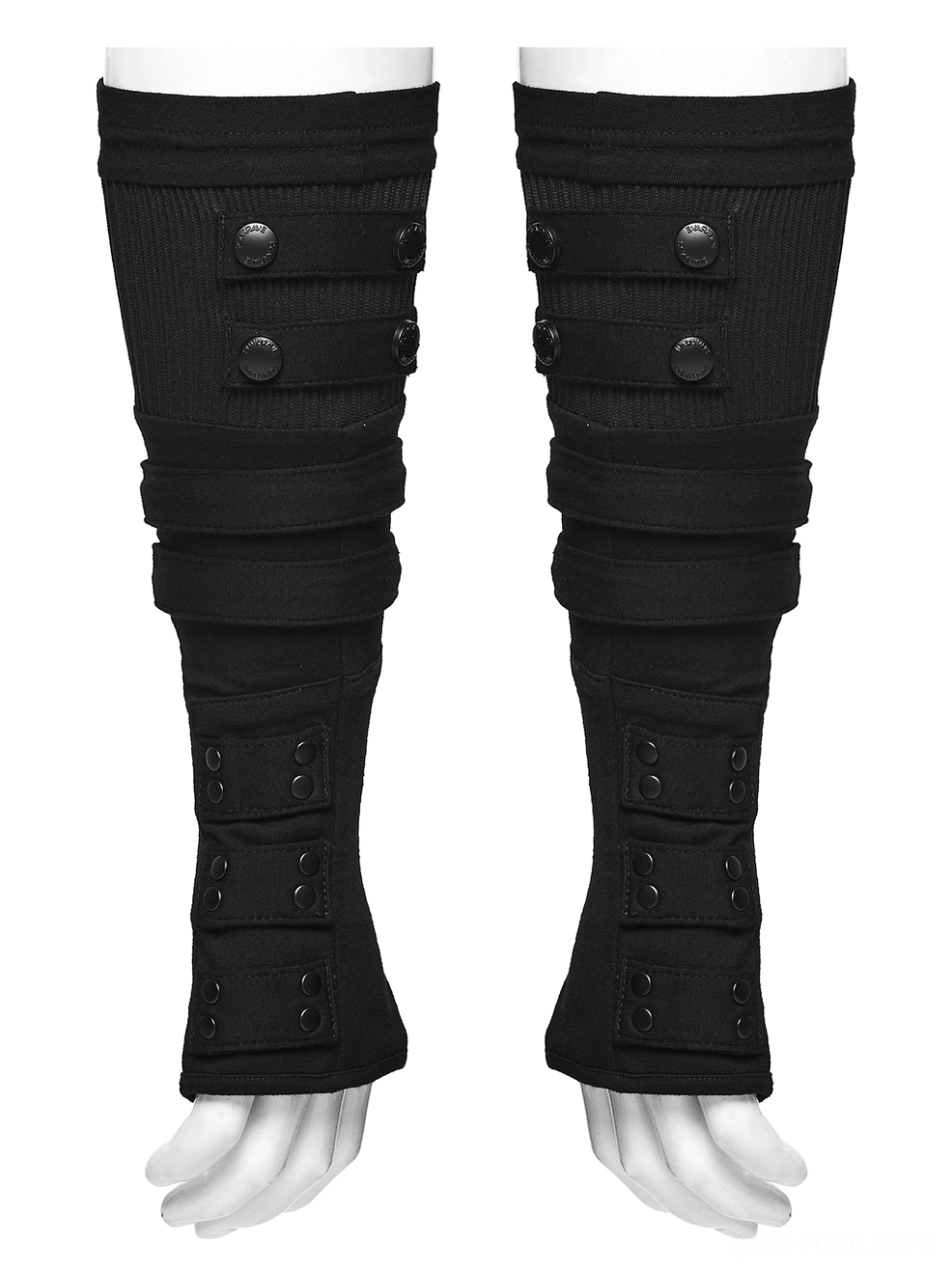 Gothic fingerless gloves detail shot showing vertical button rows and layered snap straps