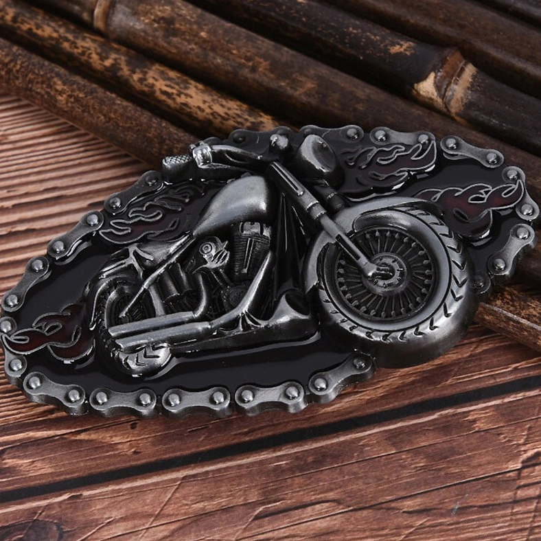 Gothic motorcycle embossed belt buckle featuring flame accents and ornamental chain border in vintage silver-black metal finish