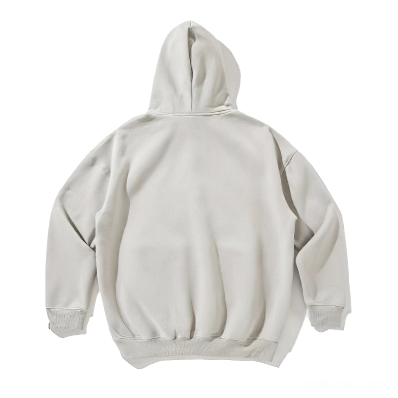 Light gray gothic hoodie rear flat lay showing back design and construction details