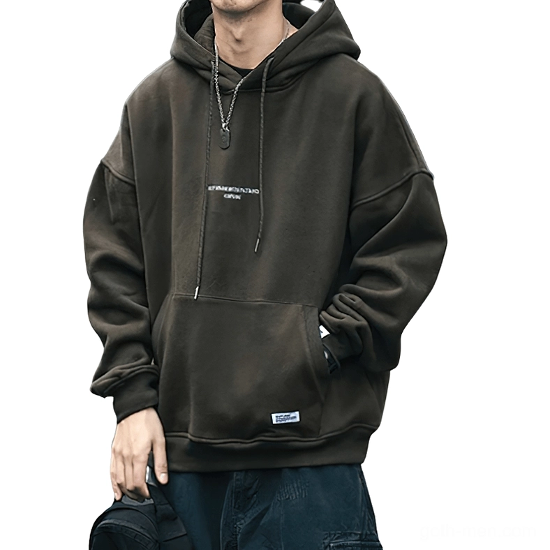 Olive green alternative style fleece hoodie with letter print and drawstring hood