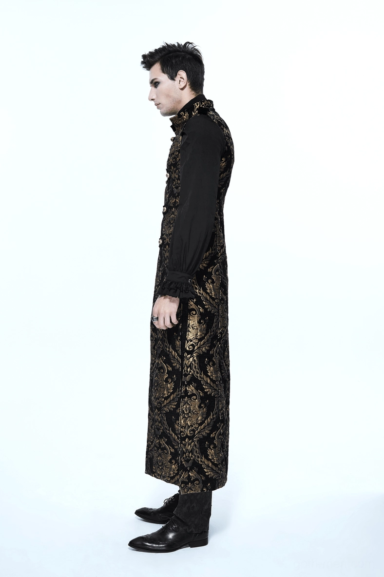 Men's formal gothic outerwear sleeveless coat with traditional frog closures and damask weave