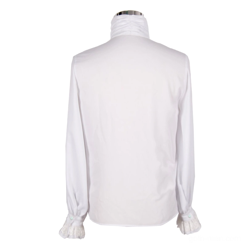 Gothic steampunk ruffled dress shirt back panel on mannequin, clean white formal design