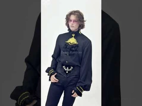 Men's gothic dress shirt with decorative gold chest hardware and gold-trimmed cuffs, studio front view