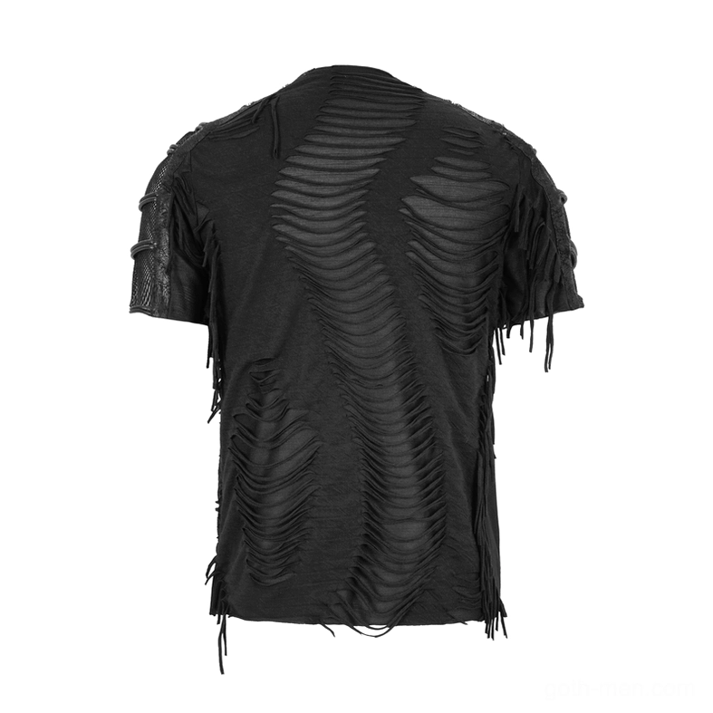 Gothic black fringe t-shirt back flat lay - ripped wave pattern texture with side and bottom hem fringes on dark cotton knit