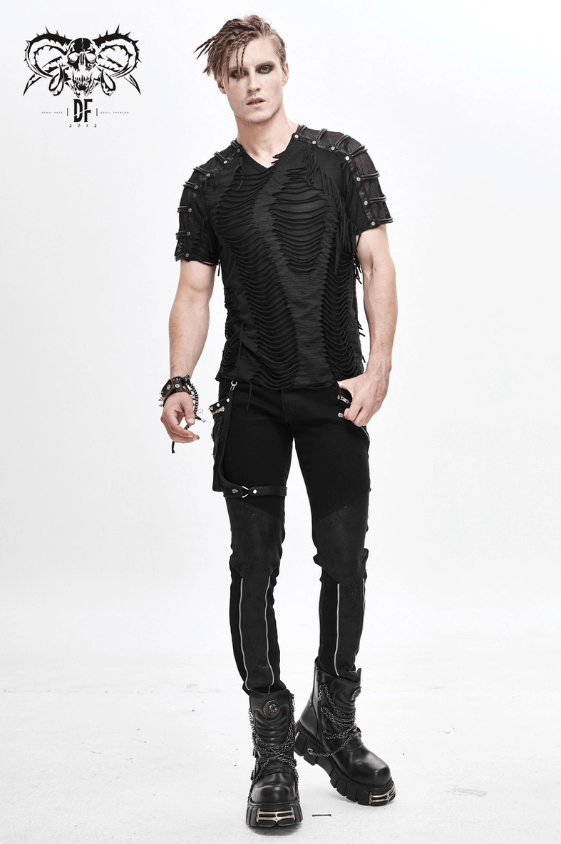 Gothic fringe t-shirt distressed detail - showing precision-crafted shredding, mesh panels and metal stud placement on cotton knit