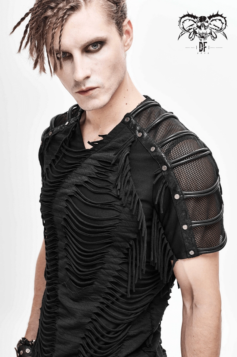 Men's gothic black fringe t-shirt profile view - showing shoulder mesh, fringe hem and distressed wave back texture detail