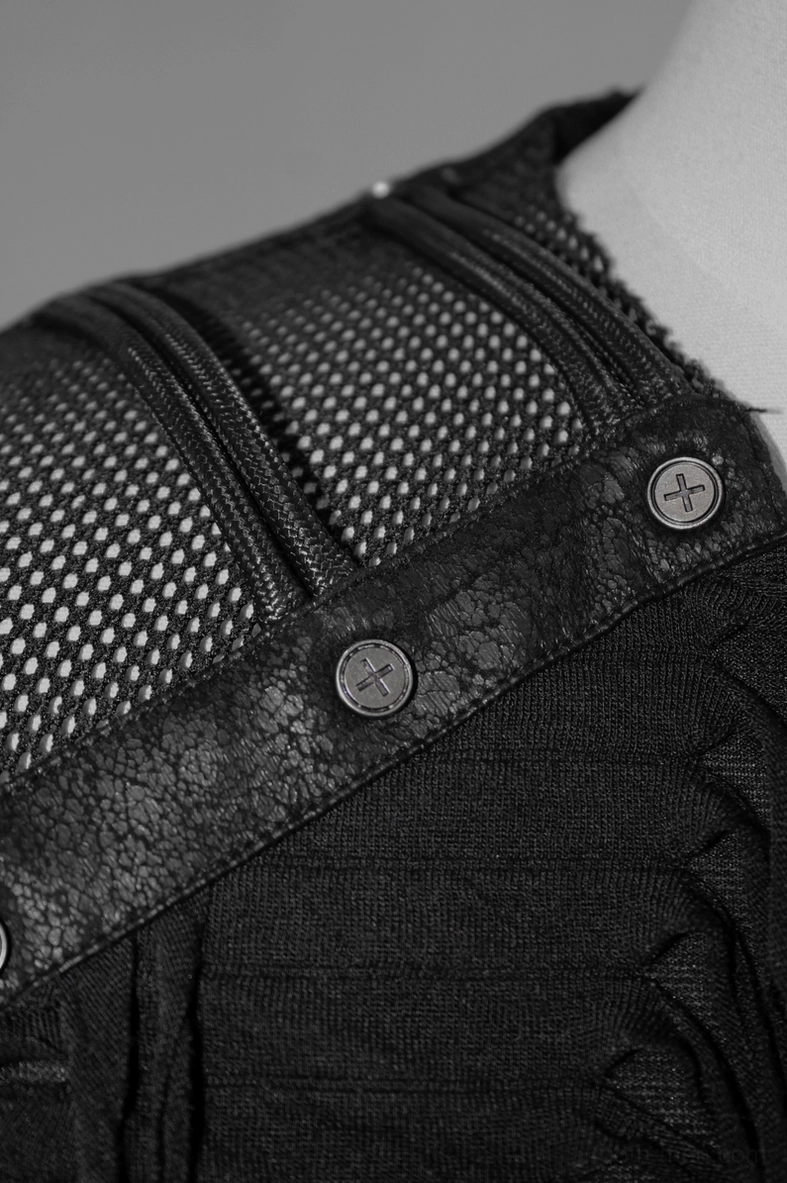 Textile detail of gothic black fringe t-shirt - cross-shaped metal studs on mesh panel with shredded base fabric and leather edging